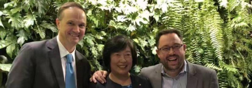 Professor Ian Burnett (left) and Professor Michael Blumenstein congratulate Distinguished Professor Jie Lu on her achievement as the first UTS academic to be awarded an Australian Laureate Fellowship