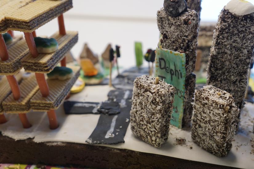 Section of runner up bake your thesis entry showing lamington buildings, wafer car park with tube cars, and liquorice roadways