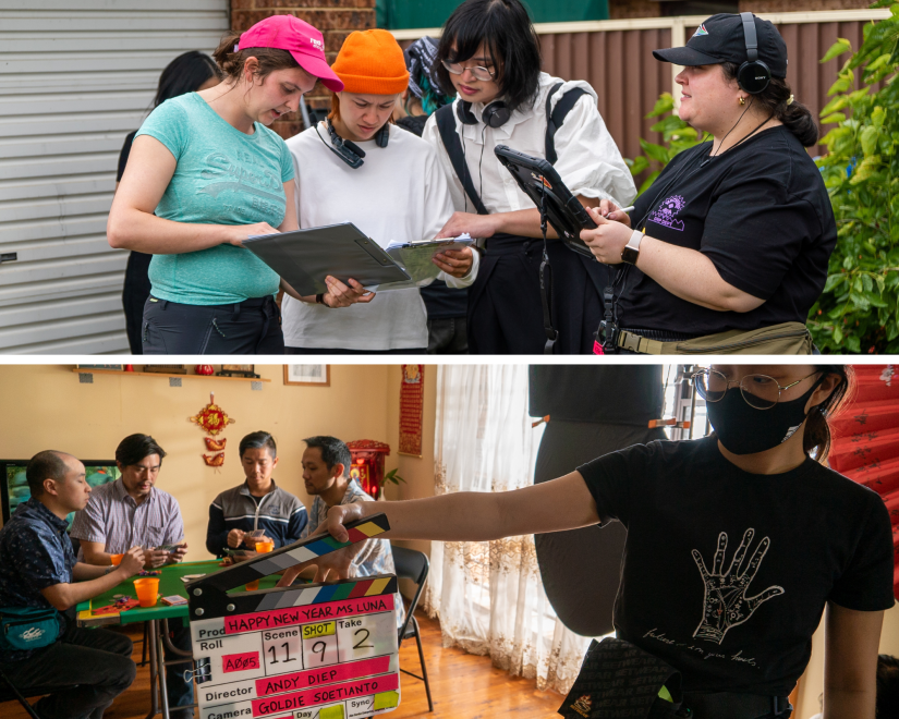 on set behind the scenes production photos of film with lots of people