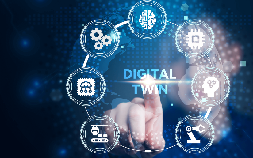 touch screen with 'Digital Twin' in the centre surrounded by a circular array of technology icons in 
