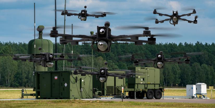 Swarm of combat drones and command systems