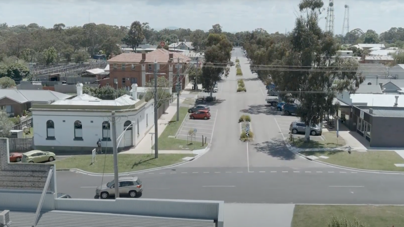 A drone shot of the main street in Heyfield Victoria