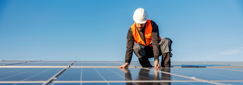 Man installing solar panels on roof