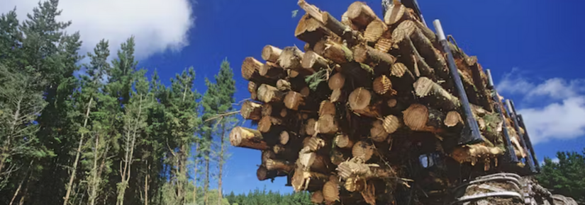 Truck loaded with felled logs next to forest clearing