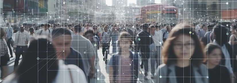 Crowd of people walking down the street overlaid with white network lines