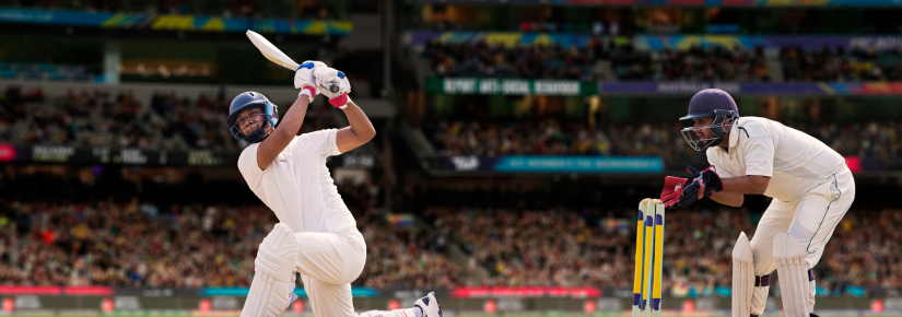 Two cricket players in a stadium