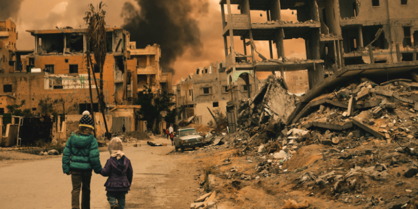 Two children looking afar into the rubble after bombing