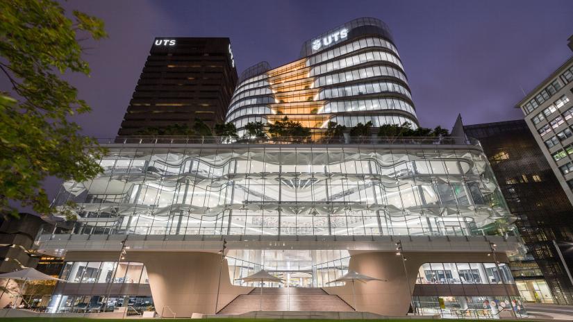 UTS Central and the UTS Tower photographed from Alumni Green at a low angle in the evening by Andy Roberts
