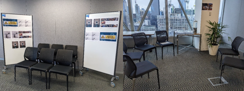 A set up of two different realities, the space on the left is filled with chairs that have surveillance all around and the set up on the right is fitted with a more comfortabel chairs and refreshment, representing a 'first class' space without heavy surveillance