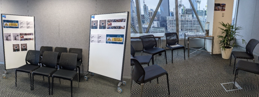 A set up of two different realities, the space on the left is filled with chairs that have surveillance all around and the set up on the right is fitted with a more comfortabel chairs and refreshment, representing a 'first class' space without heavy surveillance 