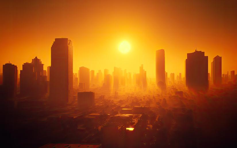 A generative AI image of a blazing sun over an urban landscape.