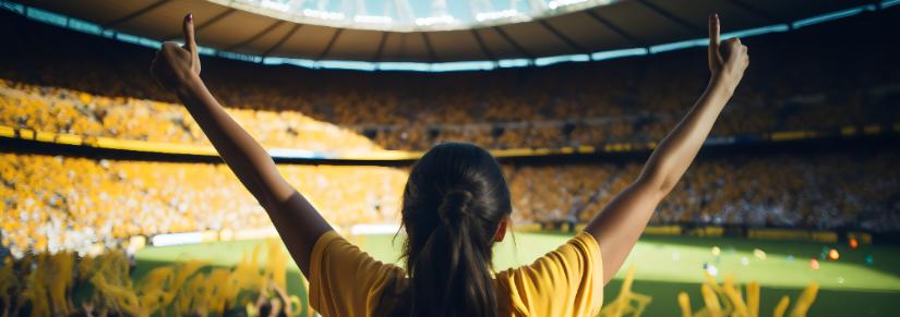 Girl in green and gold at football stadium