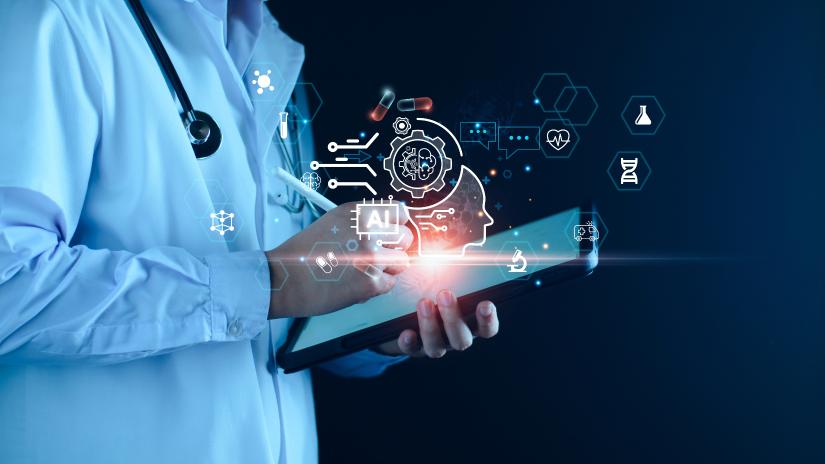 Male figure in white lab coat holding iPad with an AI graphic overlaying the iPad in the centre of the image.
