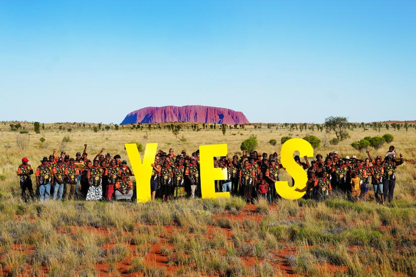 Group shot of Central Land Council members gathered at Uluru. Image provided with a Central Land Council media release 