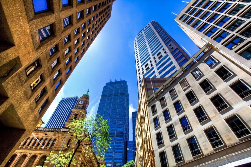 Looking upwards to tall buildings in Sydney's CBD
