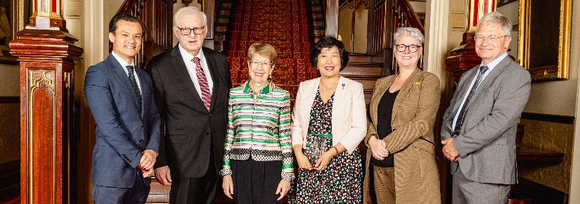 The 2023 Premier's Prize for Science & Engineering Award Ceremony (L to R): the Hon Anoulack Chanthivong MP, Minister for Innovation, Science and Technology, Mr Dennis Wilson, Her Excellency the Hon Margaret Beazley AC KC, Governor of NSW, Distinguished Professor Jie Lu AO, the Hon Penny Sharpe MLC, Minister for Climate Change, Energy, the Environment and Heritage, Professor Hugh Durrant-Whyte, NSW Chief Scientist & Engineer.