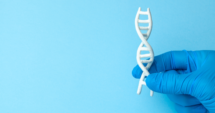 A double helix model being held by a hand in plastic glove