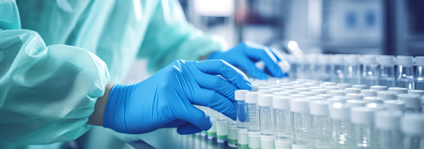 A line of test tubes with hands that are covered in plastic gloves touching them