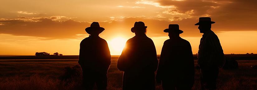 Silhouette image of a group of farmers standing together in a field at sunset