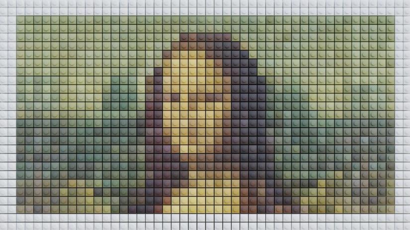 Image of the Mona Lisa rendered with Lego bricks