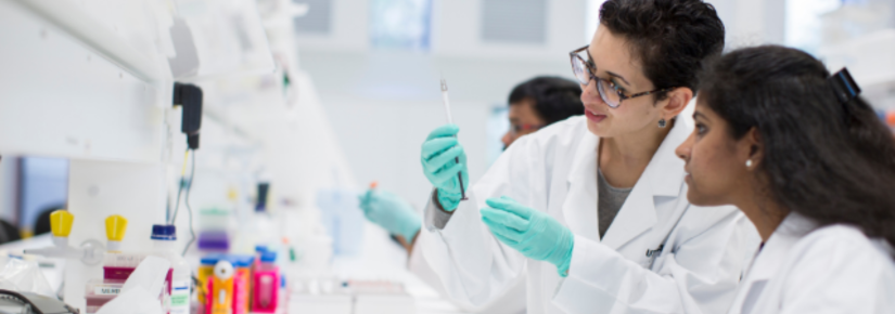 Two women look at a test tube