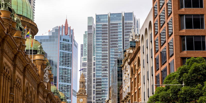 Shot between buildings at QVB in Sydney