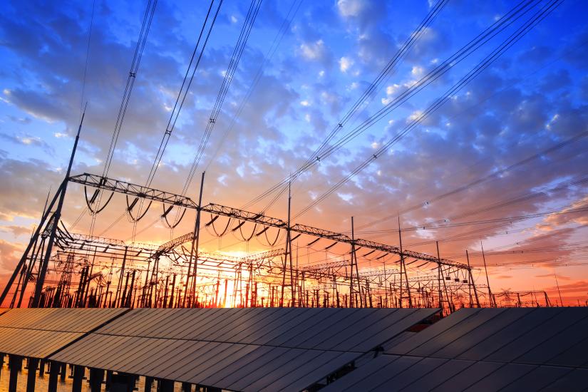 Solar farm with wire infrastructure.