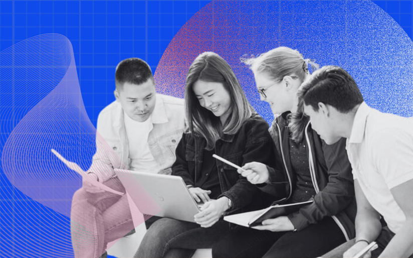 Students sitting around computer with graphic background