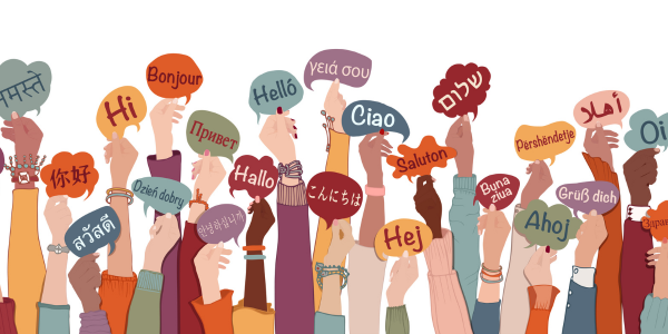 Illustration of hands holding up signs saying 'Hello' in different languages