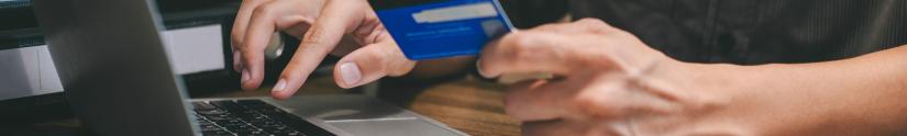 Women holding credit card and typing details into computer