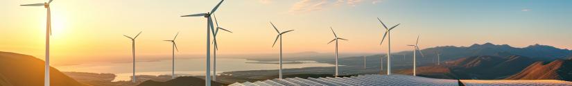 Sunset over field with wind turbines and solar panels