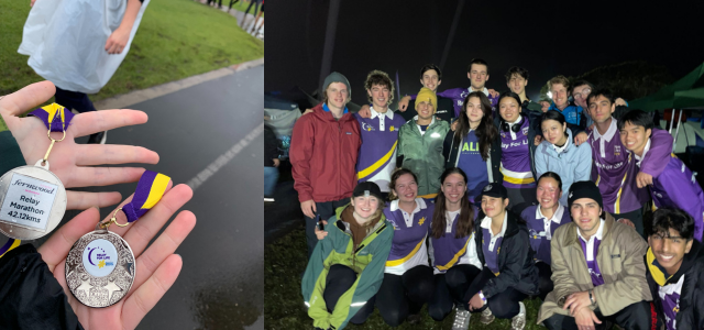 collage of two images, first image 2 hands holding a medal for a team to complete 24 hour marathon and second photo is a picture of the team members