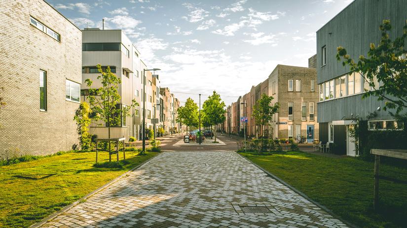 Street scape with buildings, trees and grass.