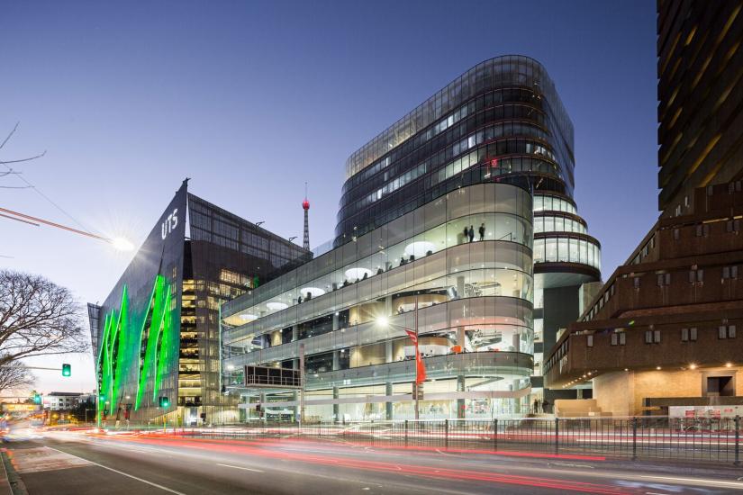 Wide angle shot of the UTS campus including building 2 and building 11 
