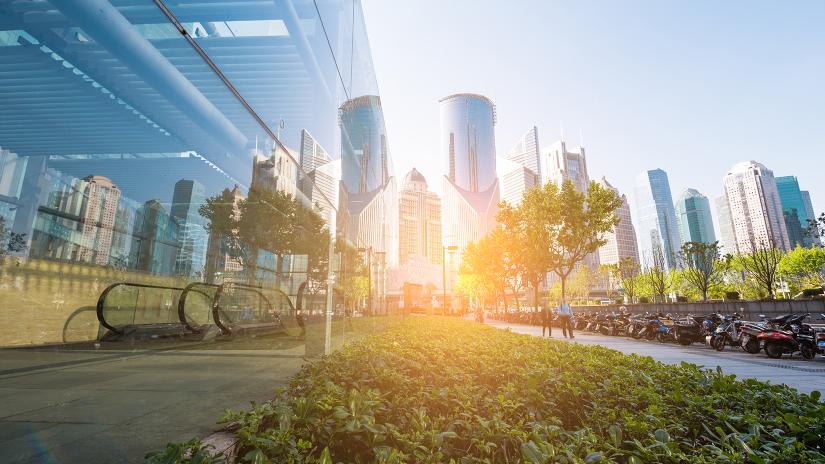 Cityscape with plants and escalator in the foreground