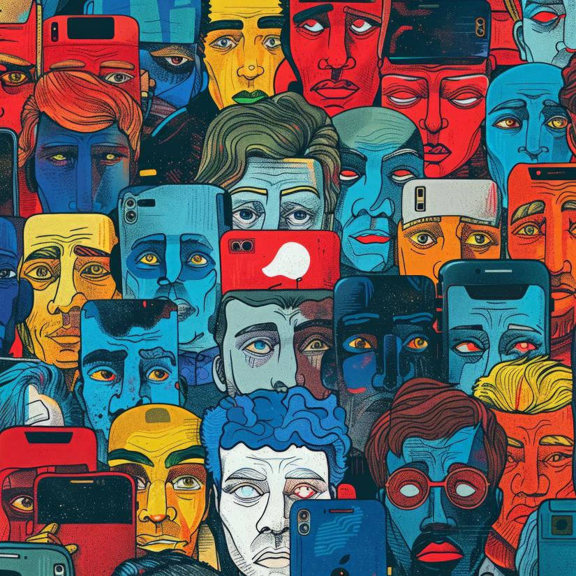 Multiple faces shaped liked phone screens converging