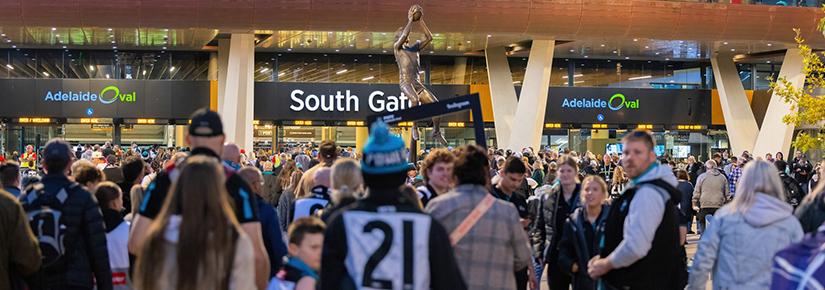 Adelaide April 13, 2024. Fans walk towards the South Gate entrance to the Adelaide Oval, South Australia. iStock image by Matthew Starling