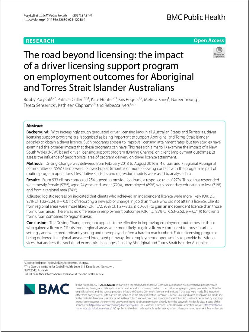 The road beyond licensing: the impact of a driver licensing support program on employment outcomes for Aboriginal and Torres Strait Islander Australians