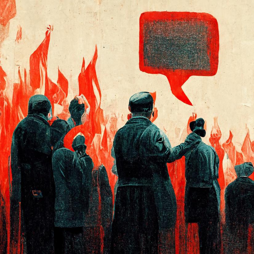 an inflamed speech bubble hovers haloed in red while as figures look on shrouded in flames