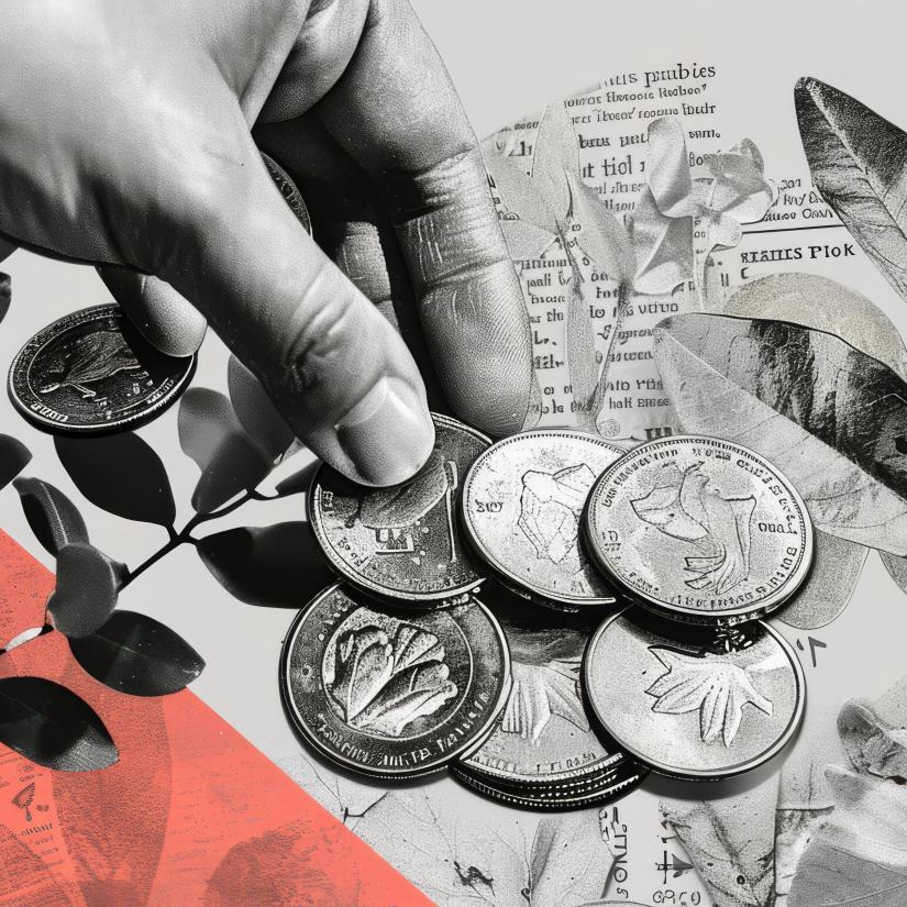 A man holds a coin against a collage of newspaper and leaves