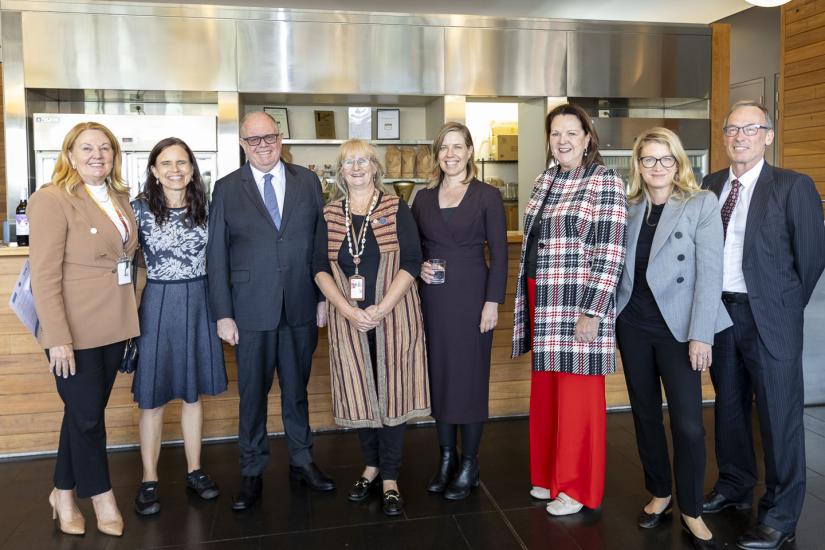 The 2024 Pacific Leadership Program Welcome Reception Left to right: Prof Debra Anderson (Dean, Faculty of Health UTS), Ms Stephanie Copus Campbell (Ambassador for Gender Equality, DFAT), Prof Andrew Parfitt (Vice Chancellor, UTS), Prof Michele Rumsey (Director, WHOCC UTS), Ms Emeline Cammack (Director, Specialist Health Advise, DFAT), Adj. Prof. Alison McMillan (Australian CNMO), Ms Amy Persson (Interim Pro Vice chancellor, UTS), Mr. Iain Watt (Deputy Vice Chancellor, UTS)