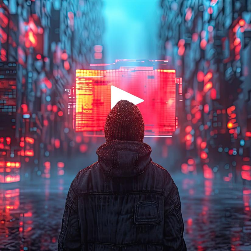 A hoodied figure looks towards a haloed light of the YouTube play icon