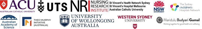 Logos for Australian Catholic University, UTS, Nursing Research Institute, NSW Government Sydney Children's Hospitals Network, Maridulu Budyari Gumal, Western Sydney University, Wollongong University, Australian Academy of Science, Theo Murphy Institute Australia