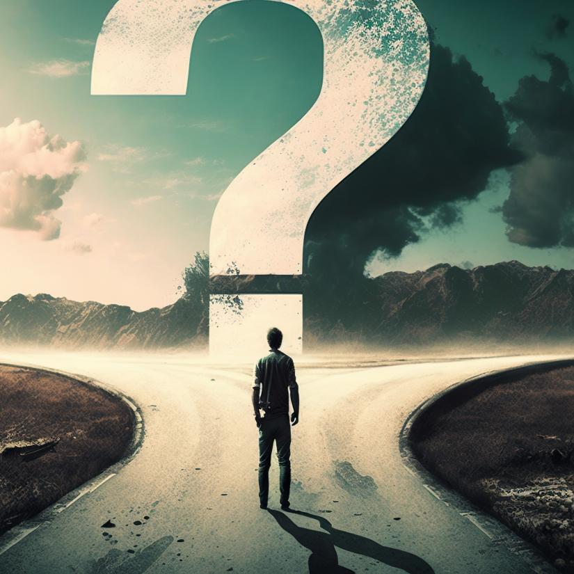 a man at a fork in the road with a question mark