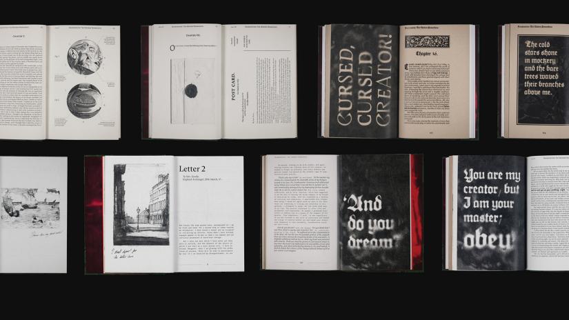 A series of spreads of Rachel Zhu's book, Amplifying Voices in Frankenstein