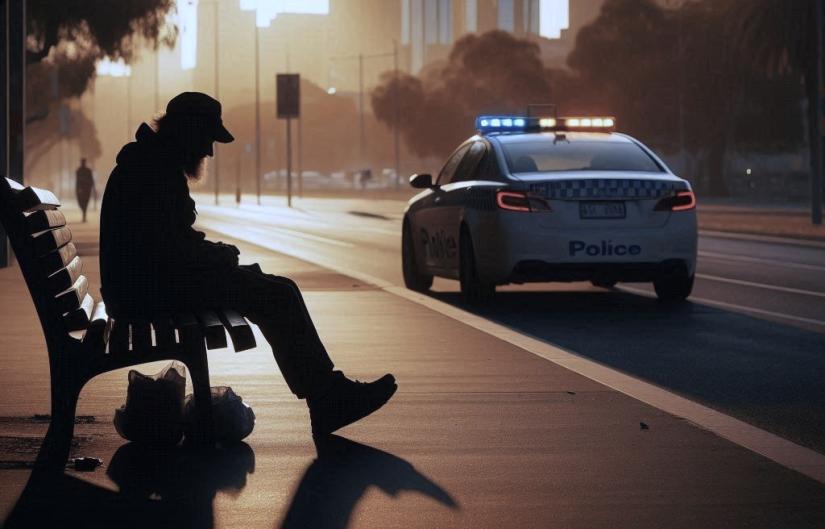 homeless person and police car. AI generated