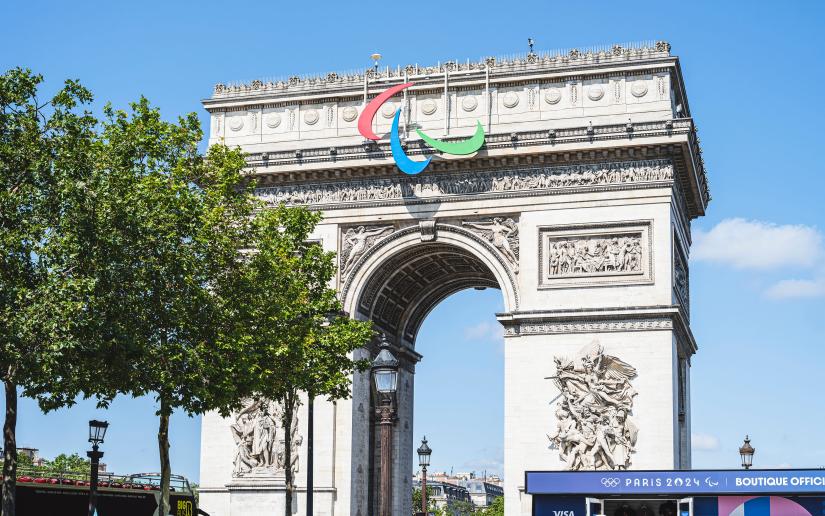 Stock picture of the Paralympics logo on the l’arc de Triomphe in Paris.