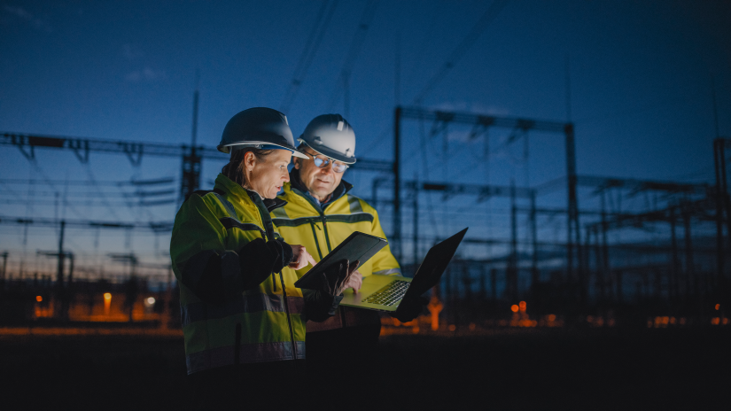 Two energy workers in PPE discussing something within an energy grid area.