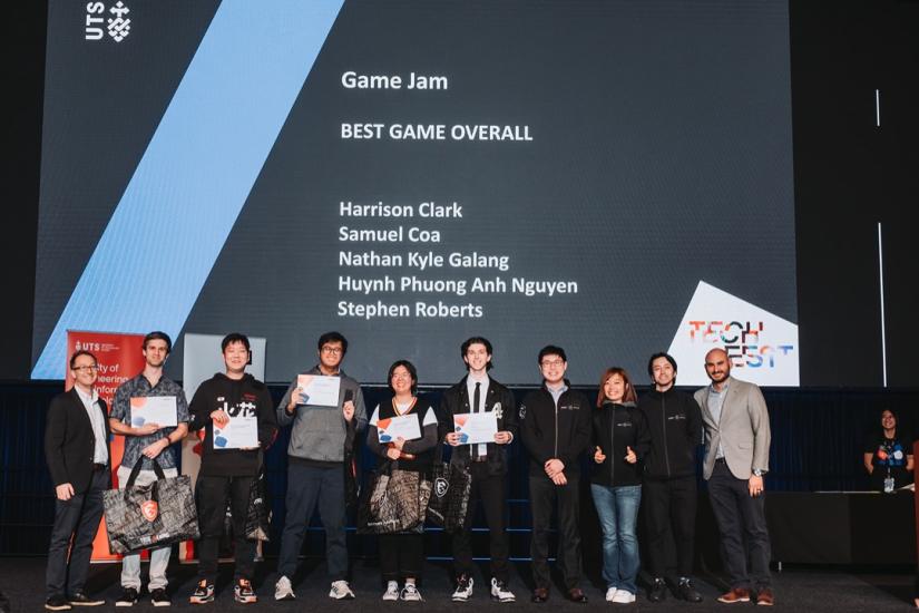 Samuel Coa receiving an award at the UTS Tech Fest Awards Ceremony in the Great Hall