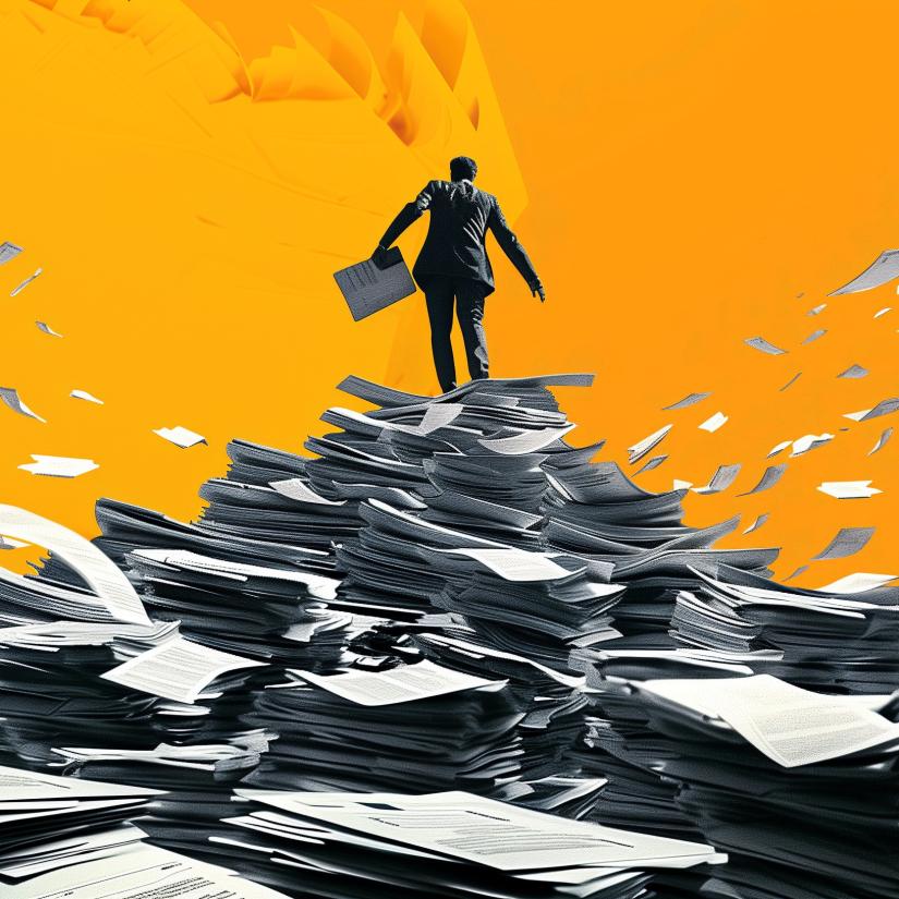 An illustration of a man running from an overwhelming pile of paper